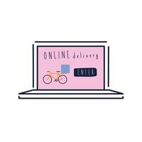 onflat delivery lettering campaign with bycicle in laptop flat style vector