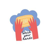 wash your hands lettering campaign with soap bar flat style vector