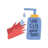 Desinfecte sus manos campaña de rotulación en botella estilo plano hecho a mano vector