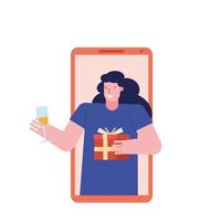 young woman celebrating with gift and wine cup in smartphone vector