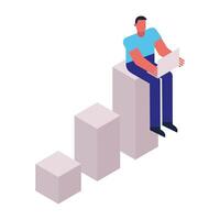 man using laptop seated in statistics bars vector