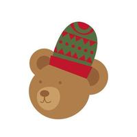 happy merry christmas head bear teddy wearing wool hat vector