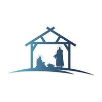 holy family mangers characters in stable blue silhouettes vector