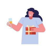 mujer joven, celebrar, con, copa de vino, y, regalo vector