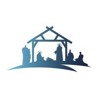 holy family mangers characters in stable blue silhouettes vector