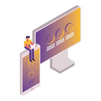 Hombre usando una computadora portátil sentado en un teléfono inteligente y una computadora de escritorio vector