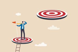 Challenge achievement or higher target, the way forward or next level, bigger business goal or aspiration concept, success businessman climb up ladder reaching goal and looking for next bigger step. vector