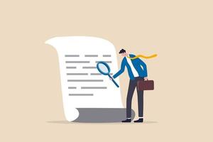 Document checking, agreement or contract validation, financial or budget analysis, search for document files concept, businessman manager holding big magnifying glass checking document paper. vector