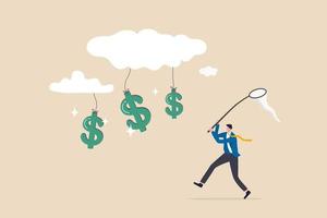 Cloud investment, new technology using cloud computing stock rising up and gain more profit in new normal economic concept, businessman investor catching dollar money sign falling from cloud. vector