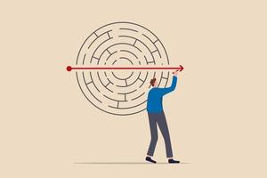 Solving business problem, creativity or imagination to think about solution, strategy and planning to business success concept, businessman solve labyrinth or maze puzzle by straight line arrow. vector