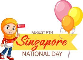 bandera del día nacional de singapur con una niña musulmana sostiene la bandera de singapur vector