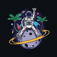 astronaut sitting on planet saturn containing coconut trees and summer beach in outer space vector