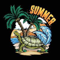 Summer turtle on beach and coconut tree with surfboard and dusk sky vector