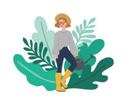 Female character with a watering can in front of plant leaves vector