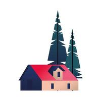 escena de paisaje de temporada de invierno con bosque de pinos y casa vector