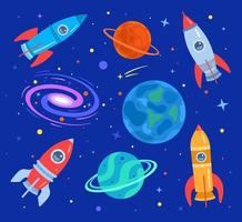 Space with planets, stars, galaxies and flying rockets. Set on a space theme in a cartoon flat style on a dark background. Pattern. Vector illustration