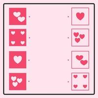 Educational puzzle game making connecting lines for finding the correct pairs. Geometric heart love shape. Brain training worksheet for kids vector