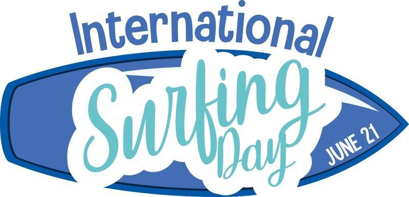 International Surfing Day font with surfboard banner isolated