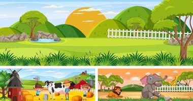 Set of outdoor panoramic landscape with cartoon character vector