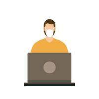 Man with medical mask and laptop vector design