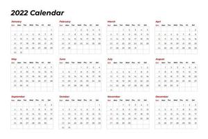 2022 calendar template with line vector