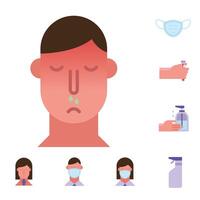 man with flu and bundle of covid19 set icons vector