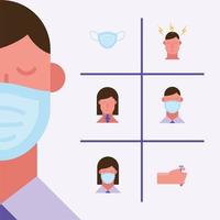 man with face mask and bundle of covid19 set icons vector