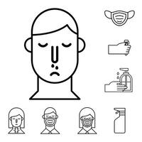 man with flu and bundle of covid19 set icons vector