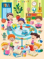 Little Children Studying And Playing At Preschool Classroom vector