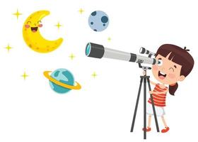 niño usando telescopio para investigación astronómica vector