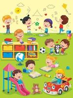 niños pequeños que estudian y juegan en el aula de preescolar vector