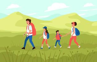 Family with kids hiking in the mountains. vector