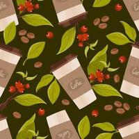 Seamless coffee pattern. Vector background with illustration of a paper latte cup, twigs with leaves and red berries and roasted coffee beans