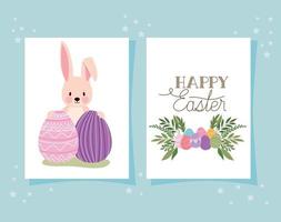 invitation with happy easter lettering and cute bonny with two easter eggs vector