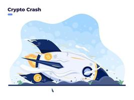 Concepto de ilustración plana de vector de accidente de criptografía con cohete bitcoin estrellándose contra el suelo. caída o depreciación del mercado de bitcoins. colapso del precio de la criptomoneda. gran pérdida en la inversión criptográfica.