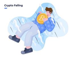 Bitcoin Falling Down flat vector illustration. Price collapse of the cryptocurrency. Crypto crash illustration concept. Person with bring Crypto coin and falling down.