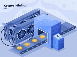 Mining cryptocurrency coin using GPU card or Computer Video Card vector illustration. Creation of bitcoins crypto with using computer video cards. Cryptomining farm isometric illustration.
