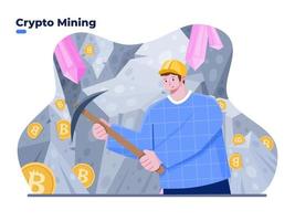 People mining crypto coin with pickaxe concept illustration. Digital currency crypto mining process. Man digging and extracting bitcoin in mine cave. Successful crypto miner. vector