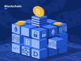 Blockchain Technology illustration vector with crypto coin, NFT. Blockchain isometric illustration. Digital cryptocurrency technology.