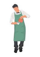 Young man making coffee. Barista in uniform holding a cup of coffee isolated on the white background vector