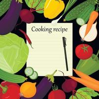 verduras frescas y papel para notas de recetas. repollo, berenjena, zanahoria, pimiento y otros productos. comida vegetariana. vector