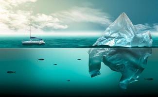 Contaminación plástica en problemas ambientales marinos Los animales en el mar no pueden vivir. y causar contaminación plástica en el concepto ambiental del océano. foto