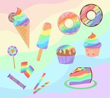 Rainbow desserts set isolated on colorful background. Sweets collection. Rainbow donuts, cupcake, ice cream and candies are decorated. Vector illustration.