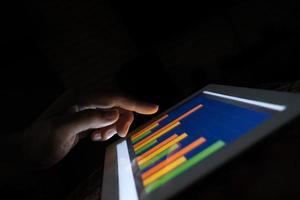 man's hand working on digital tablet at office desk, using self created chart photo