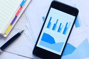 financial charts display on smart phone on table photo