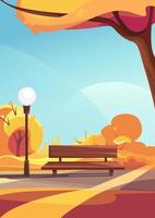 Bench in autumn park. Outdoor scene in vertical orientation. vector