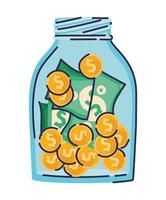 saving coins and dollar in a jar vector