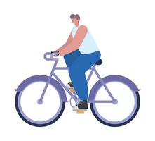 Hombre sobre una bicicleta de color púrpura sobre un fondo blanco. vector