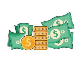 coins and dollars on a white background vector