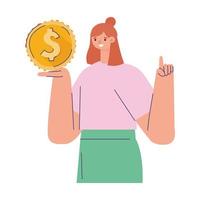 mujer con una moneda en la mano vector